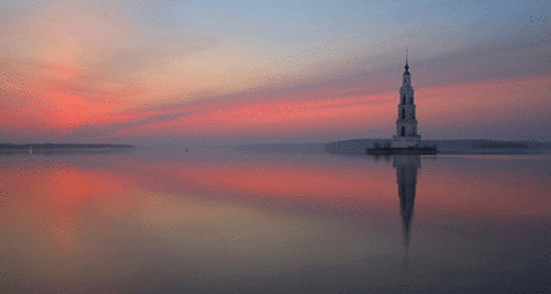 Волга, Калязин, затопленная колокольня, вечер апреля, после заката